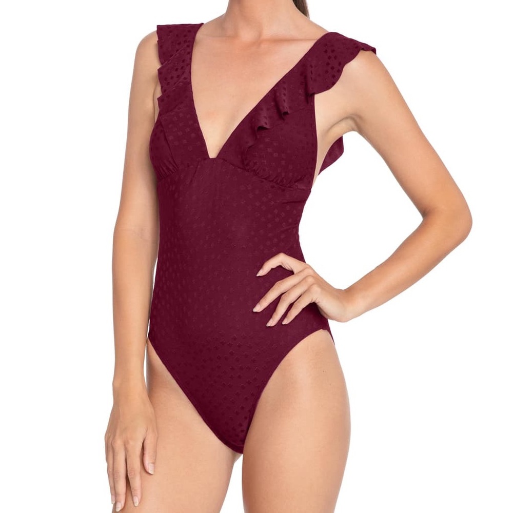Robin Piccone Burgundy Ruffle-Shoulder One-Piece Swimsuit